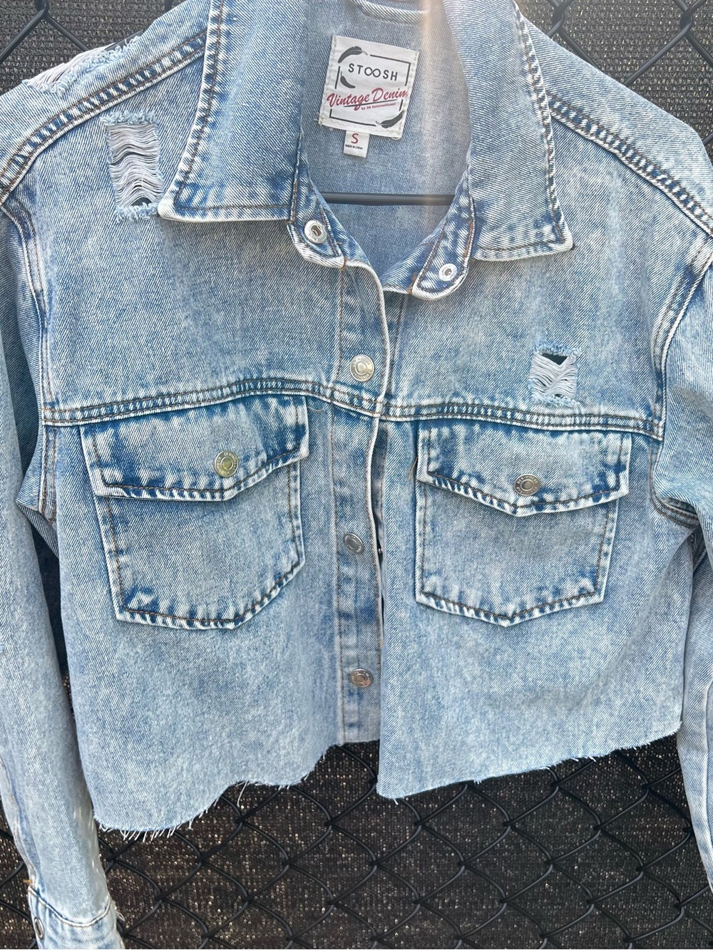 Stoosh Light Blue Distressed Cropped Denim Jacket